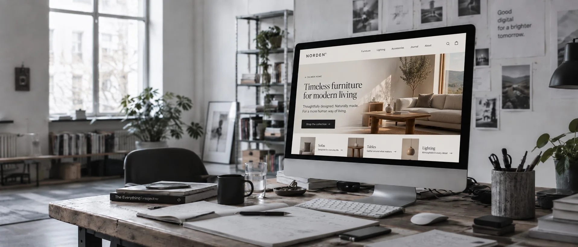 Website im Aufbau auf einem Bildschirm im Studio, dahinter Entw&uuml;rfe an der Wand
