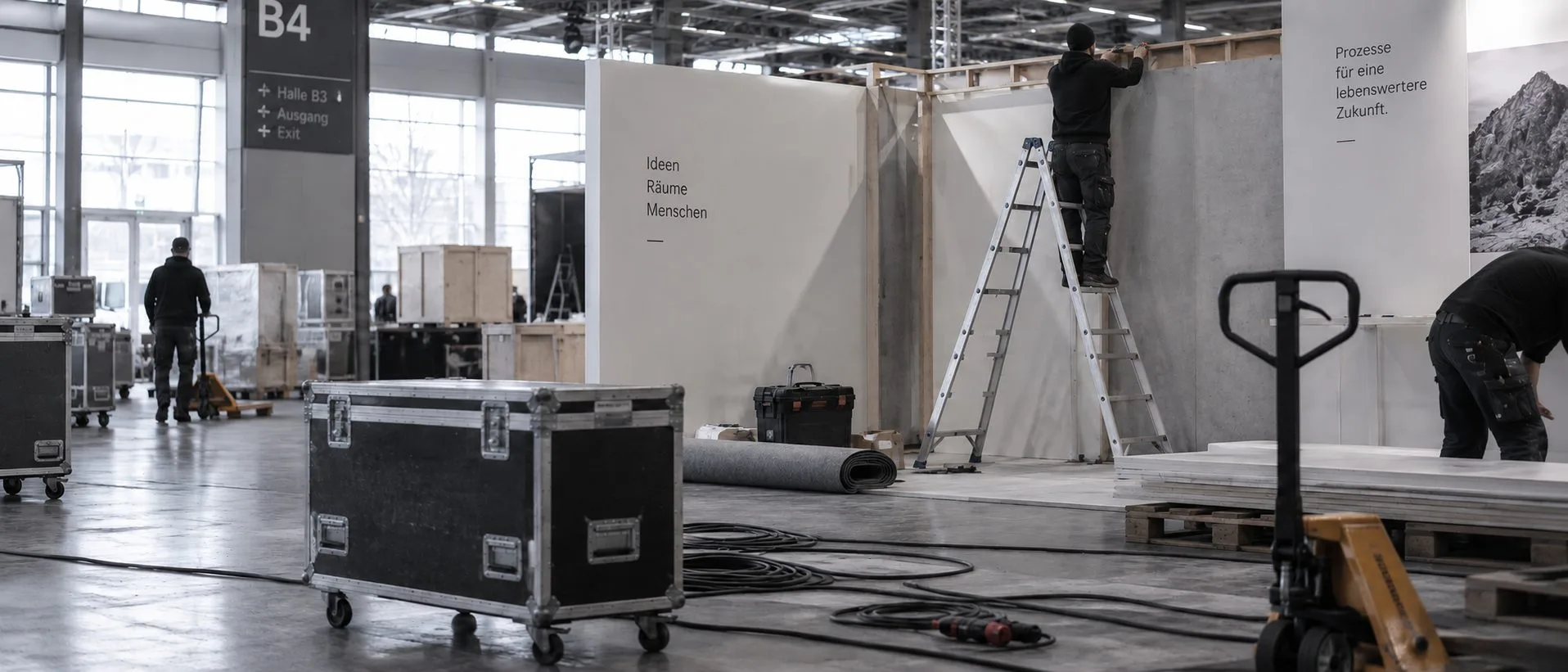 Messestand im Aufbau: Leiter, Kabel, Cases und halb montierte W&auml;nde in der Halle