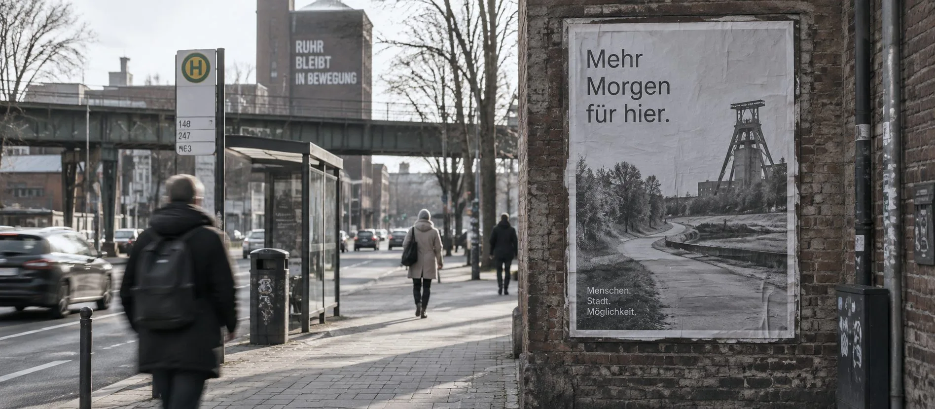Kampagnenplakat an einer Backsteinwand im Ruhrgebiet, dahinter Haltestelle und Bahnbrücke