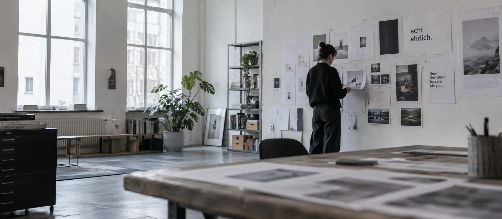 Blick in das Studio von echt ehrlich: Entw&uuml;rfe an der Wand, Andruckbogen auf dem Werktisch