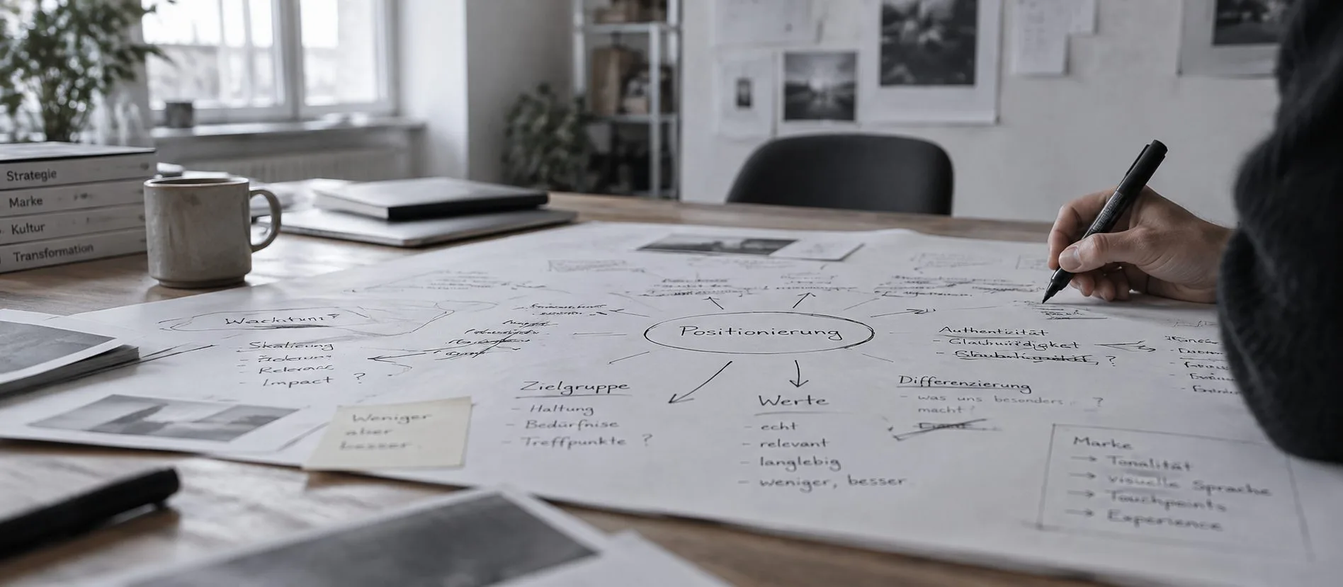Handgezeichnete Positionierungs-Landkarte mit Zielgruppe, Werten und Differenzierung